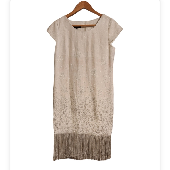 White Dress with Silver Embroidered Pattern and Silver Tassel at Bottom - Picture 3 of 10